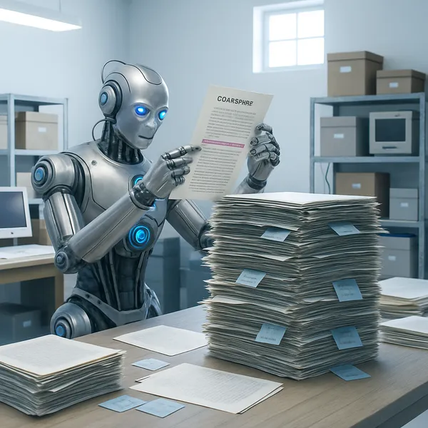 An AI robot sorting through a large stack of documents, searching for important pages.